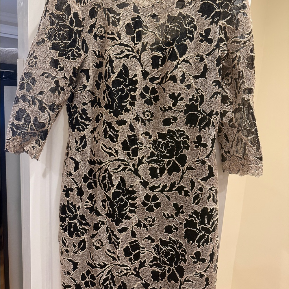 Calvin Klein Black Floral Lace on Cream Asymmetrical Hem Dress